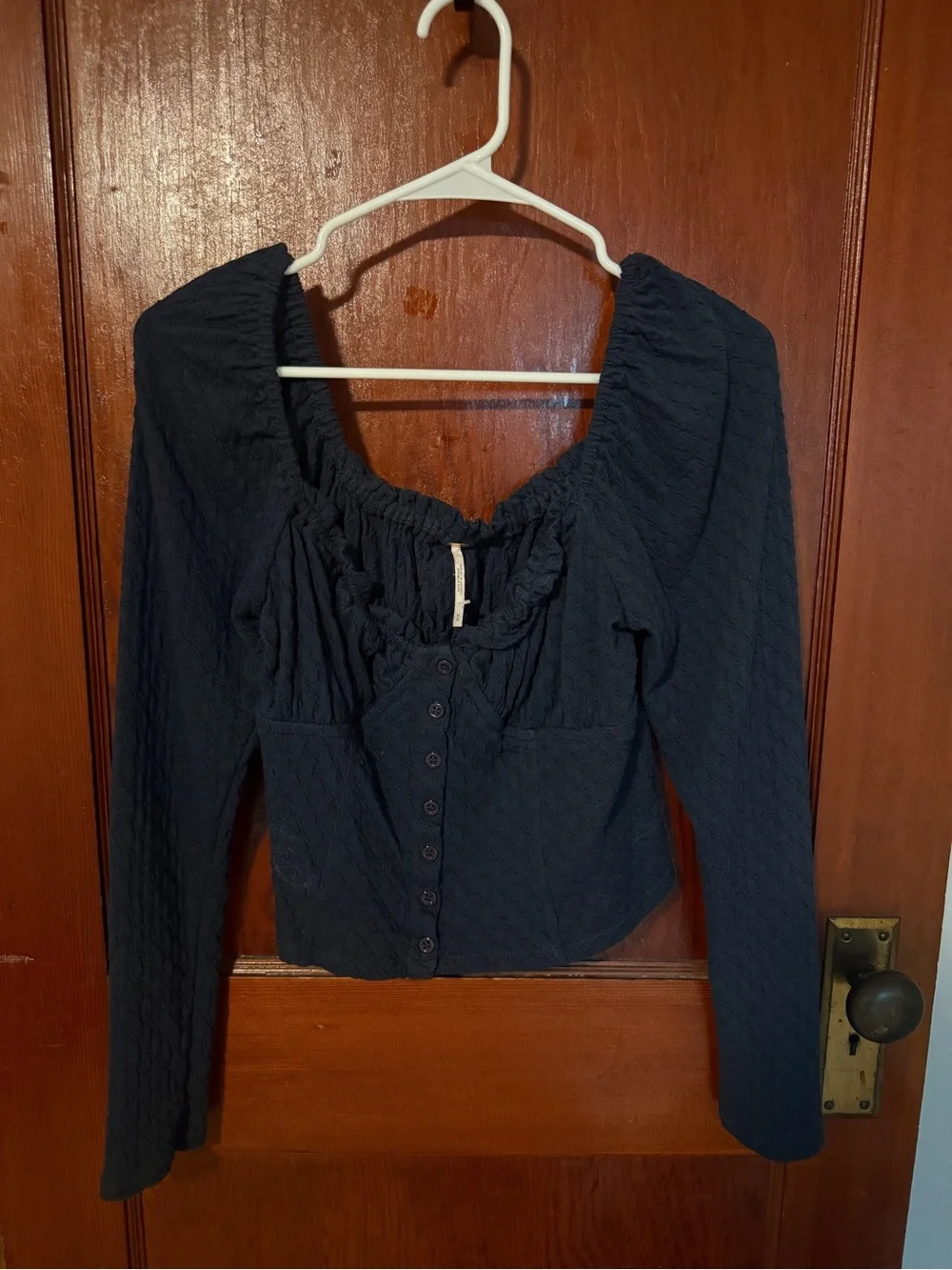 Free People Navy Ruched Square-Neck Button Crop Top